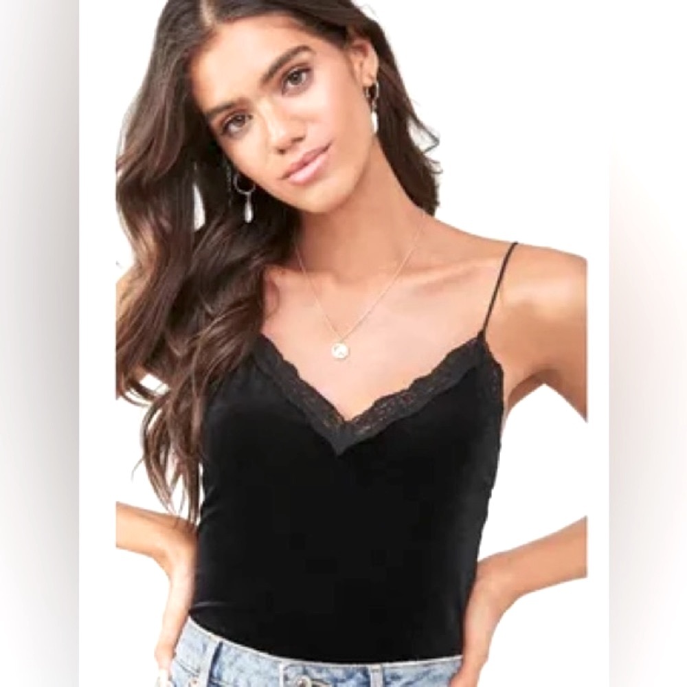 Forever 21 Velvet Black Lace-Trim Bodysuit in Large
